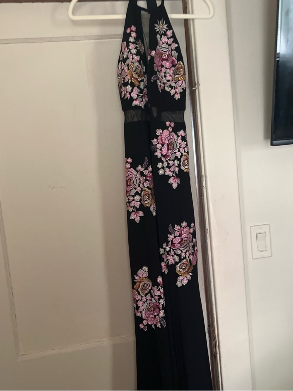 Xscape Black Maxi Dress with Pink and Gold Floral Embroidery